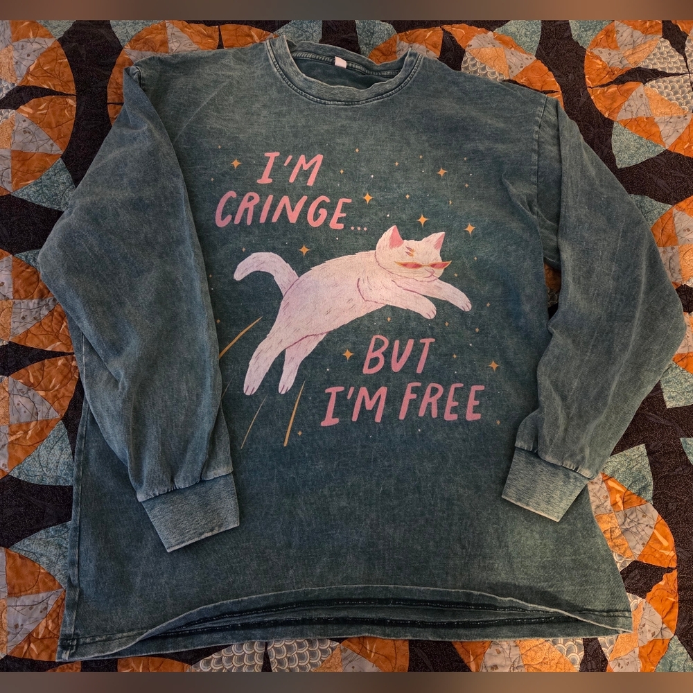 Unisex Green Graphic Cat Long Sleeve Shirt Size XL